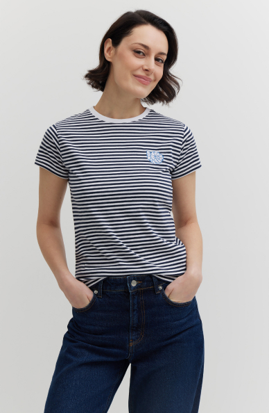 T-shirt w paski z merceryzowanej z haftem